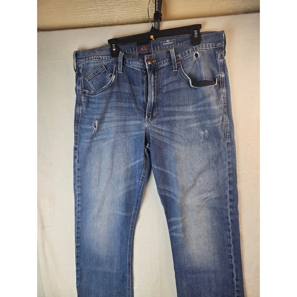 Rock & Republic Mens Straight Leg Jeans Blue Medium Wash Distressed 38x32